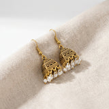 Golden White Beaded Jhumka Earrings